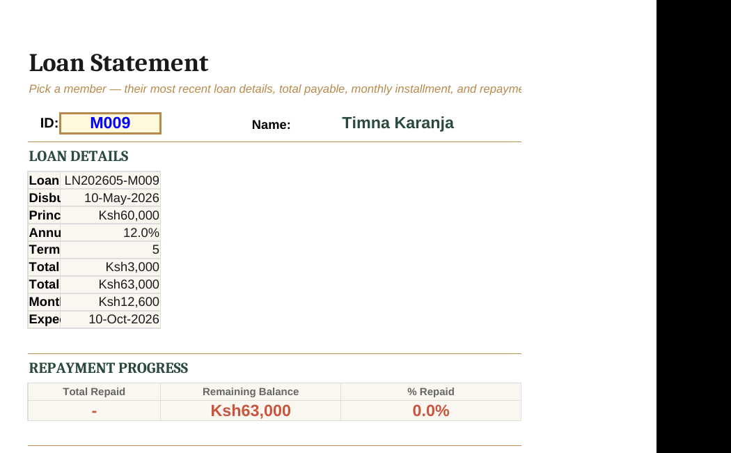 Loan statement showing repayment progress and history